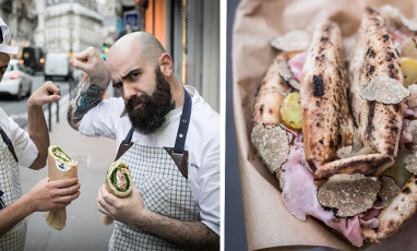 Portrait of chef Julien Serri at the Italian restaurant and his pizza rolled or folded with a mozzarella made in the Yvelines