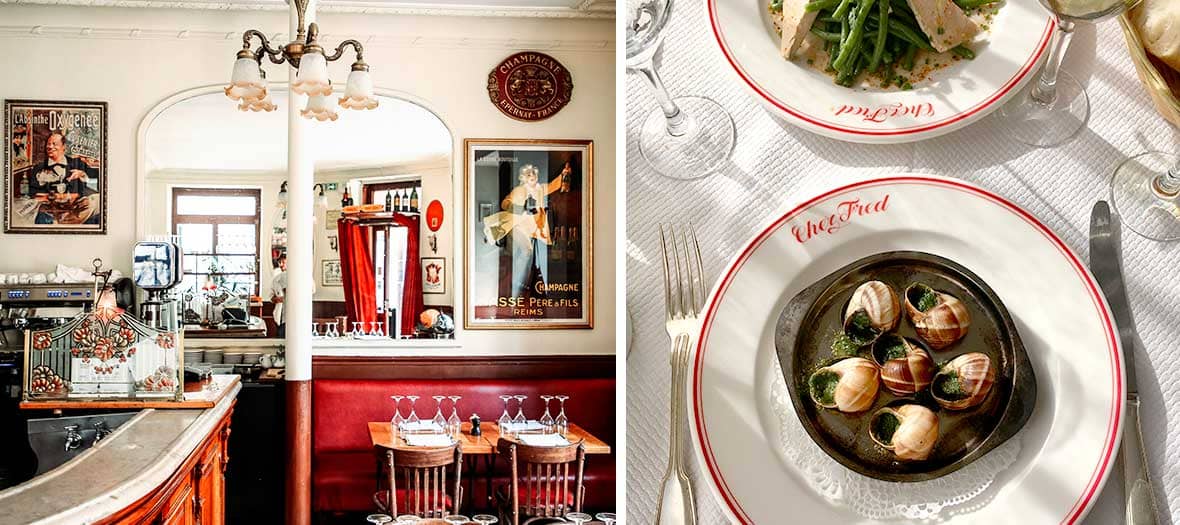 Le restaurant Chez Fred à Paris, un bistrot traditionnel au décor rétro avec une ambiance chaleureuse. Une assiette d'escargots au beurre persillé et haricots verts servis sur une élégante table ensoleillée.