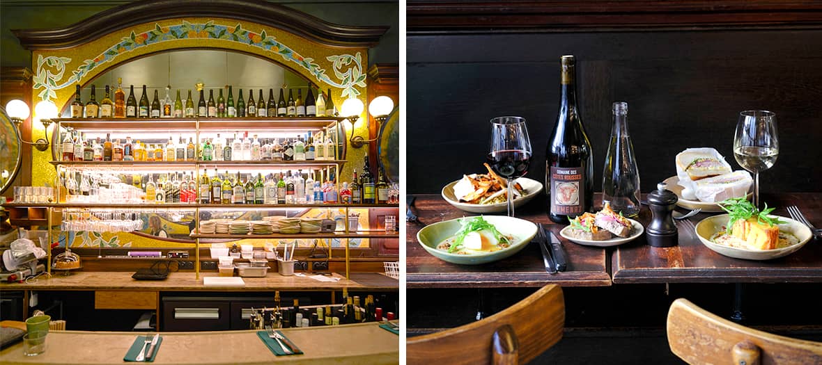 Le bistrot Cyrano à Paris, un bar élégant avec un comptoir Art Nouveau et une sélection de vins et spiritueux. Table dressée avec des plats gourmands et des vins français pour une expérience culinaire authentique.