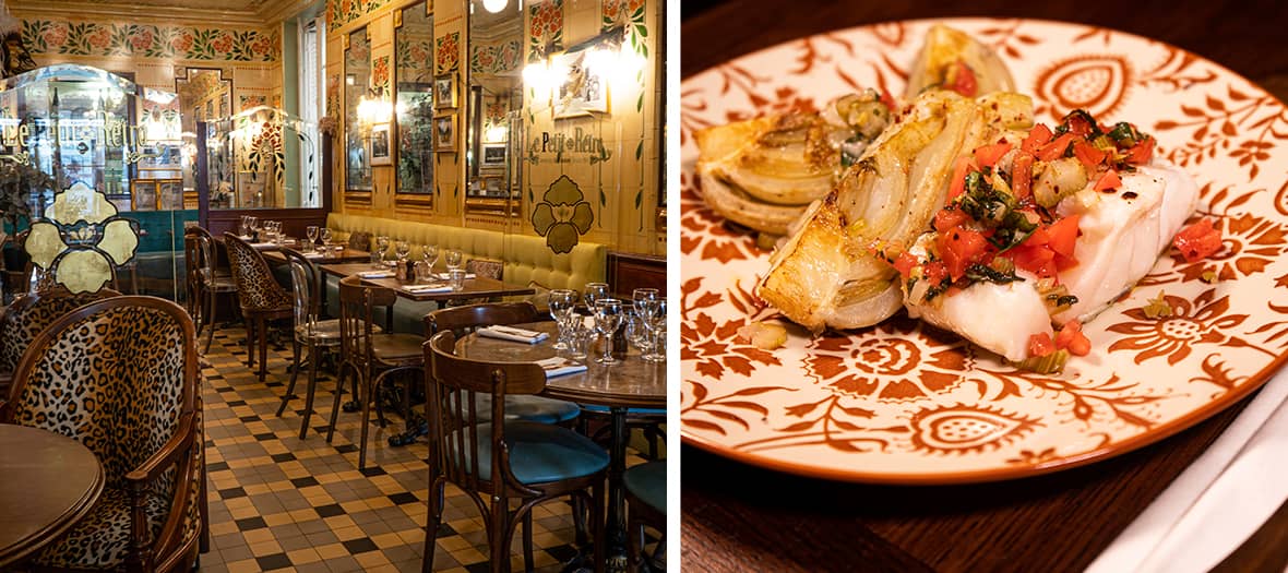 Le bistrot Le Petit Rétro à Paris, un restaurant au charme Art Nouveau avec une ambiance chaleureuse et des plats raffinés. Salle élégante avec miroirs anciens et une assiette gastronomique de poisson accompagné de légumes grillés.