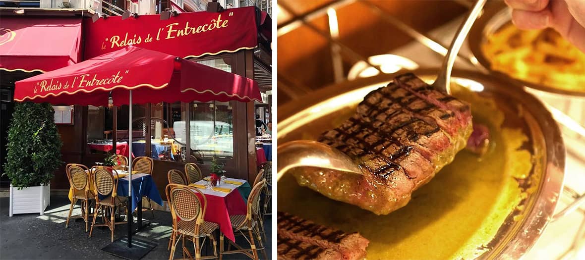 Façade rouge du Relais de l’Entrecôte à Paris, un bistrot emblématique spécialisé dans l’entrecôte frites et sa sauce secrète.