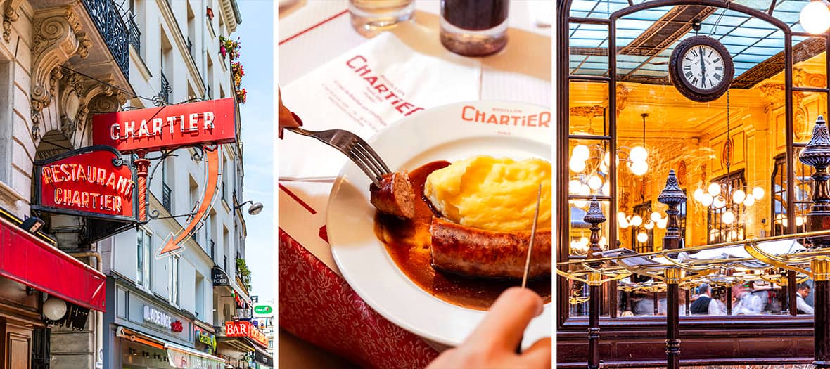 Bouillon Chartier Paris – Façade, salle et plat typique dans une brasserie historique parisienne.