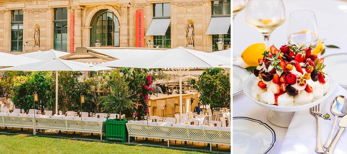 Loulou : Une terrasse élégante sous de grands parasols blancs, installée dans un cadre verdoyant avec vue sur le musée des Arts Décoratifs, accompagnée d’un dessert gourmand à base de fruits rouges et de meringue.