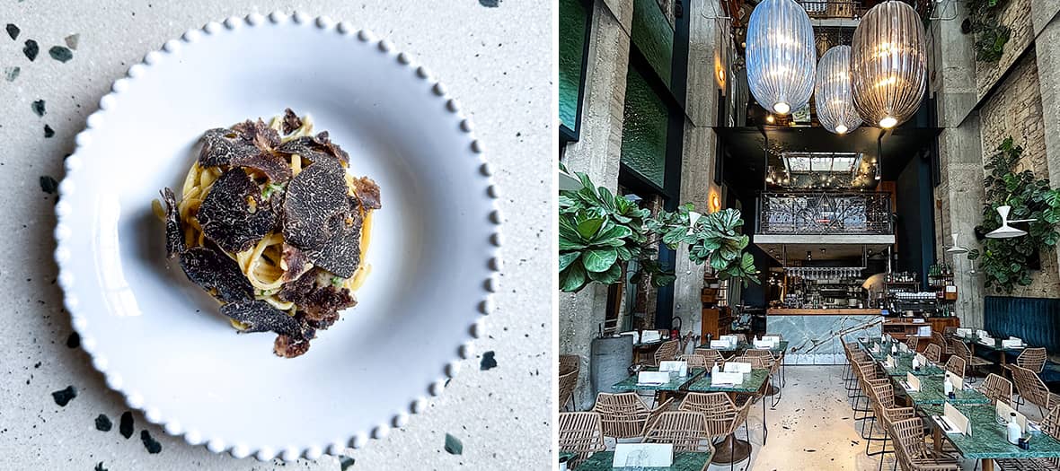 Daroco Paris : Un restaurant branché au design industriel chic, avec de grandes suspensions lumineuses et une ambiance végétalisée, accompagné d’un plat de pâtes fraîches agrémentées de généreuses lamelles de truffe noire.