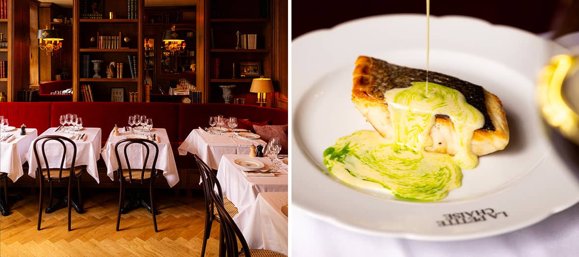 La Petite Chaise : Un restaurant parisien au charme classique avec une salle cosy aux banquettes en velours rouge et étagères remplies de livres, accompagné d’un plat raffiné de poisson nappé d’une sauce gourmande.