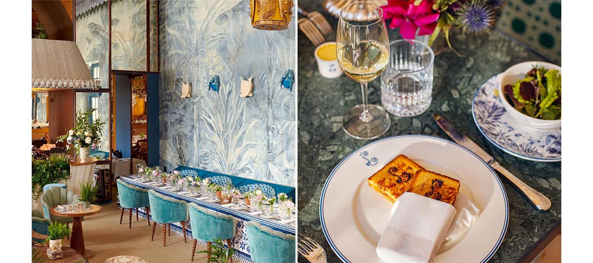 Café Lapérouse : Un restaurant chic au décor inspiré du XVIIIe siècle, avec des murs aux teintes bleutées et des banquettes élégantes, accompagné d’un plat délicat servi dans une vaisselle raffinée.