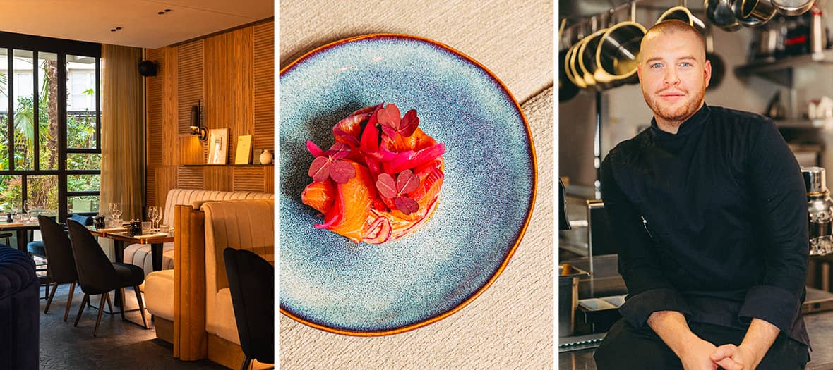 Intérieur raffiné du restaurant Pimpan à l’Hôtel Dame des Arts à Paris, plat gastronomique coloré et portrait du chef Clément Courtemanche en cuisine.