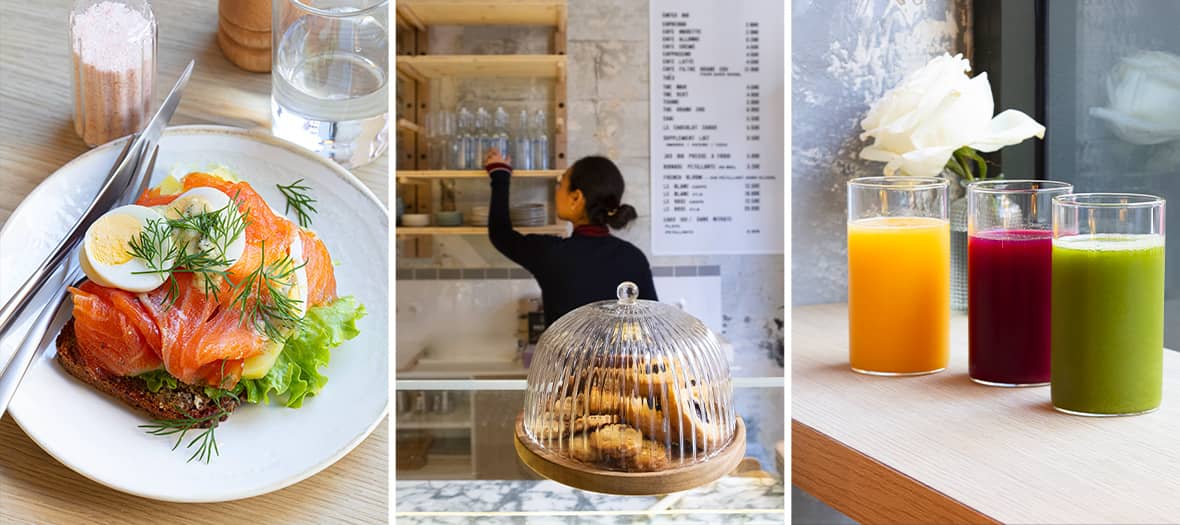 Tartine à la truite fumée, intérieur cosy du salon de thé Hédonie Côté Jardin à Paris 6e et jus de fruits frais, parfait pour un déjeuner ou tea time gourmand.