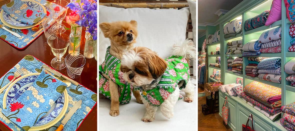 Mise en scène élégante avec une table dressée aux motifs floraux colorés, deux petits chiens vêtus d'habits assortis et une boutique de décoration aux textiles raffinés.