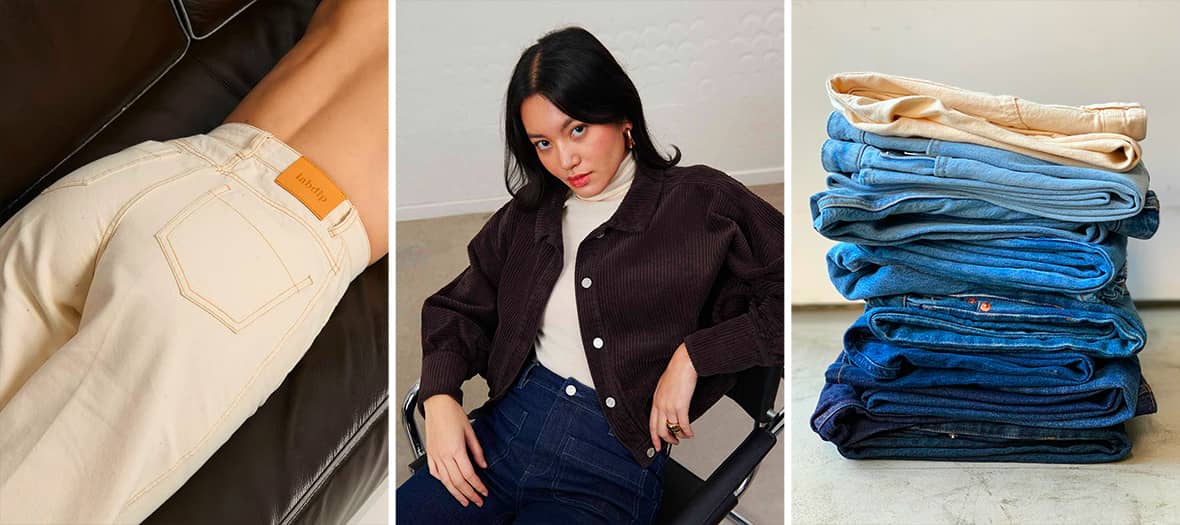 Jean beige ajusté, portrait d’une femme portant un jean taille haute et pile de jeans déclinés en différentes teintes chez Labdip, boutique spécialisée à Paris 11e.