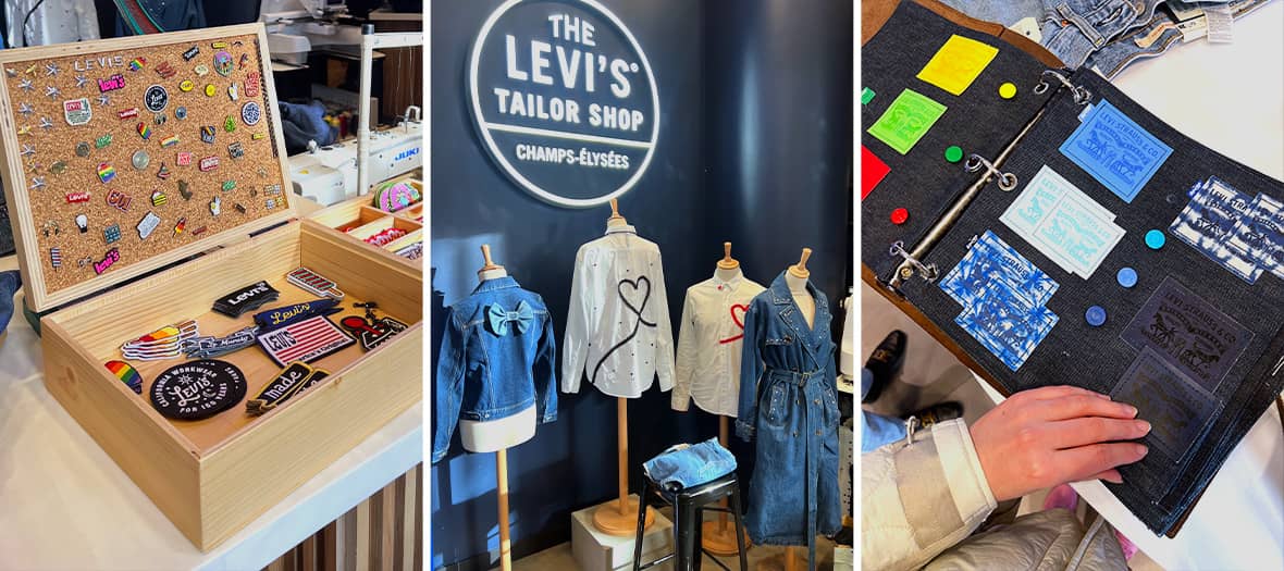 Atelier de personnalisation Levi’s Tailor Shop à Paris Champs-Élysées, mettant en avant des patchs, broderies et options de customisation pour donner une seconde vie aux jeans.