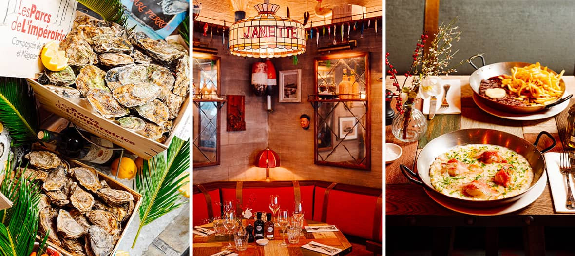 Indoor dining area of Janette seafood bar in Paris, featuring a cozy atmosphere and decor inspired by fishermen's cabins.