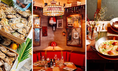 Indoor dining area of Janette seafood bar in Paris, featuring a cozy atmosphere and decor inspired by fishermen's cabins.