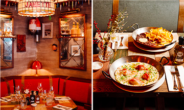 Indoor dining area of Janette seafood bar in Paris, featuring a cozy atmosphere and decor inspired by fishermen's cabins.