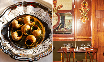 Assiette d’escargots au beurre persillé, salle à manger boisée et spécialités de bistrot dans un restaurant typique de Paris.