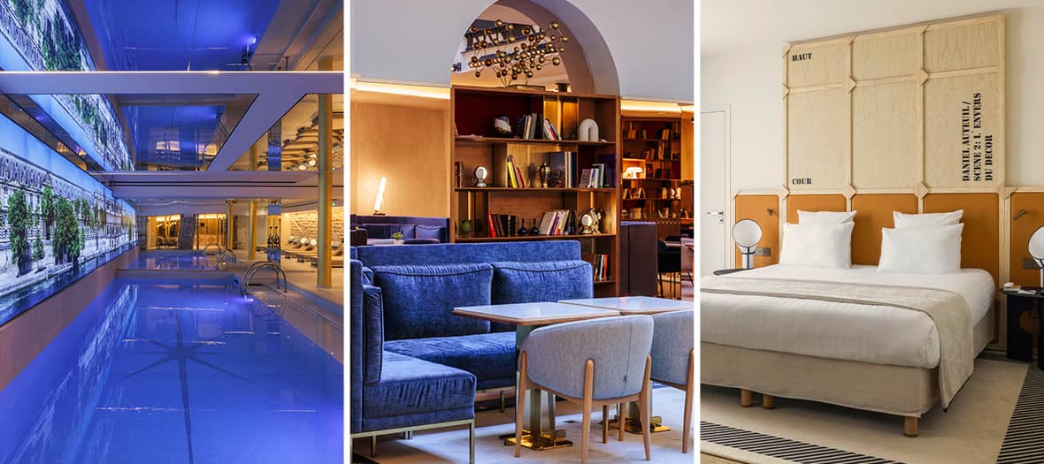 L’Astra Hôtel à Paris, un espace moderne avec une piscine design, un salon cosy aux accents bleu nuit et une chambre épurée à l’esprit minimaliste.