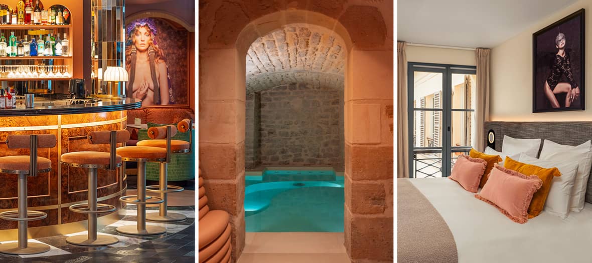 Le Boudoir des Muses, un hôtel parisien élégant avec un bar chic, une piscine intimiste sous des voûtes en pierre et une chambre cosy avec une décoration raffinée.