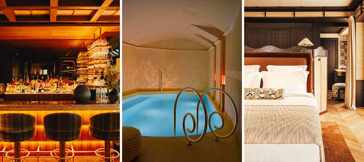 Le Hana Hôtel, un établissement raffiné à Paris avec un bar tamisé, une piscine intérieure élégante et une chambre luxueuse à l’ambiance japonaise.