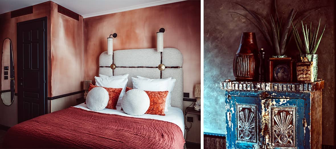 Hôtel Babel Paris : Chambre au design bohème avec tête de lit en tissu texturé, coussins ronds et décoration murale chaleureuse aux tons terre cuite.