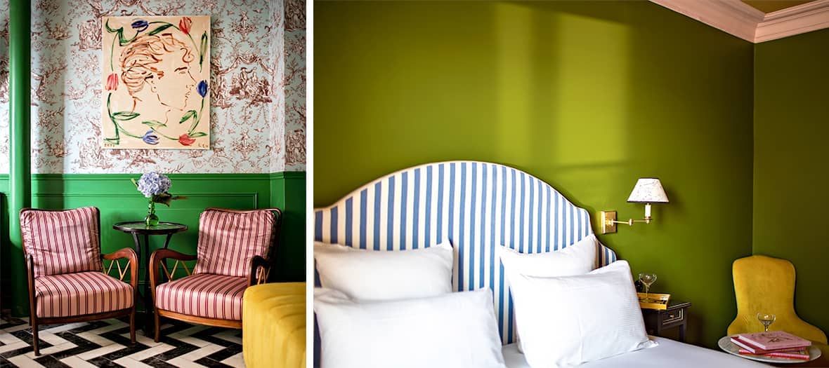 Hôtel 2 Gares Paris : Chambre colorée avec murs vert olive, tête de lit rayée et ambiance rétro chic. Salon au décor audacieux avec fauteuils vintage et papier peint floral.