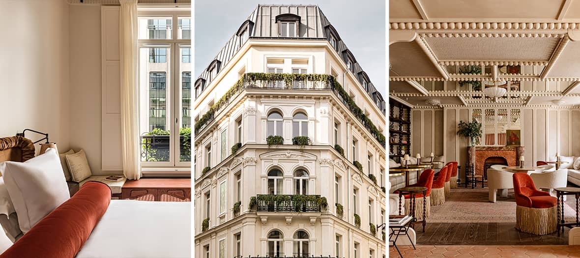 Le Château des Fleurs, un hôtel parisien élégant avec une façade haussmannienne verdoyante, un salon chic et une chambre lumineuse aux tons apaisants.