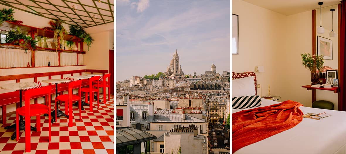 L’Hôtel Dalila à Montmartre, un lieu vibrant avec une brasserie au design rétro, une vue imprenable sur le Sacré-Cœur et une chambre aux tons rouges et chaleureux.