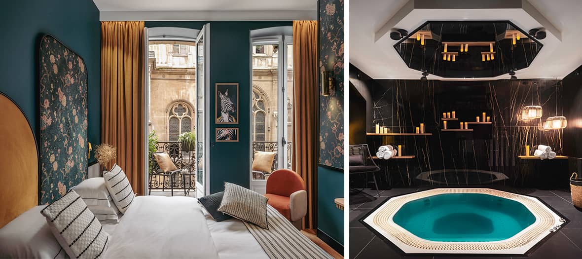 Hôtel Dandy Paris : Chambre élégante avec tête de lit en velours, rideaux moutarde et balcon parisien donnant sur une cour intérieure. Spa intimiste avec bassin à remous et ambiance feutrée.