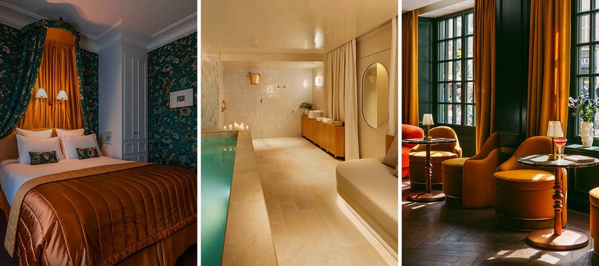 L’Hôtel de Buci, un établissement au charme classique parisien avec une chambre aux rideaux en velours, un spa élégant et un salon feutré.