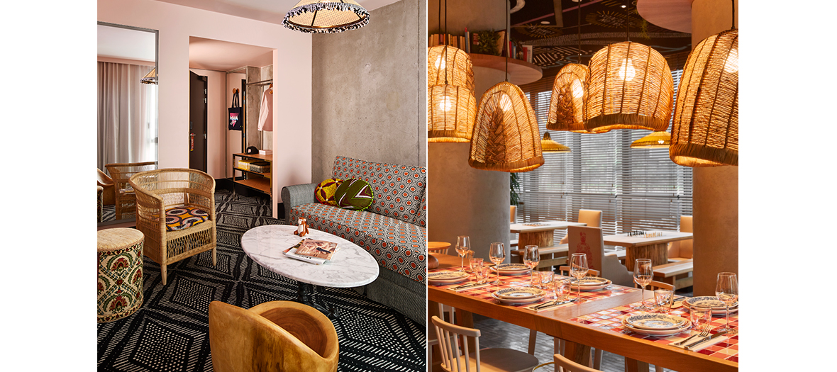 Hôtel Mama Shelter, Paris : Un espace chaleureux et audacieux avec un mélange de matières naturelles, de couleurs vives et de motifs ethniques. Le restaurant arbore de grandes suspensions en osier, créant une ambiance conviviale et décontractée.