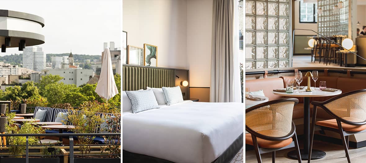 L’Hôtel Parchamp, un boutique-hôtel moderne à Paris avec un rooftop verdoyant, une chambre au design épuré et un restaurant raffiné avec banquettes en cuir.