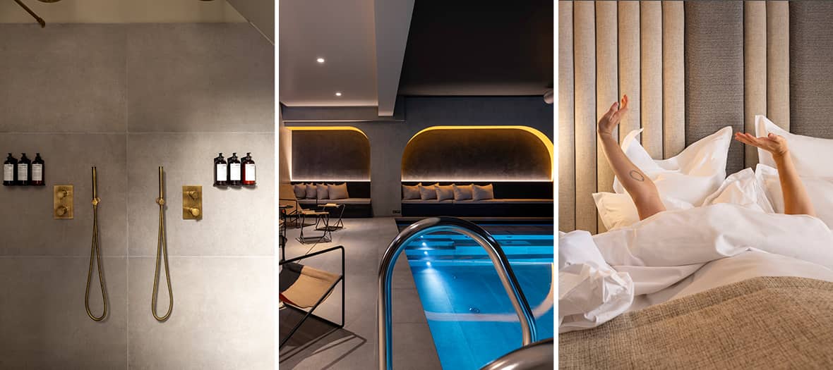 Espace bien-être de l’Hôtel Pilgrim Paris avec piscine intérieure et ambiance tamisée, un havre de détente pour une escapade romantique à Paris