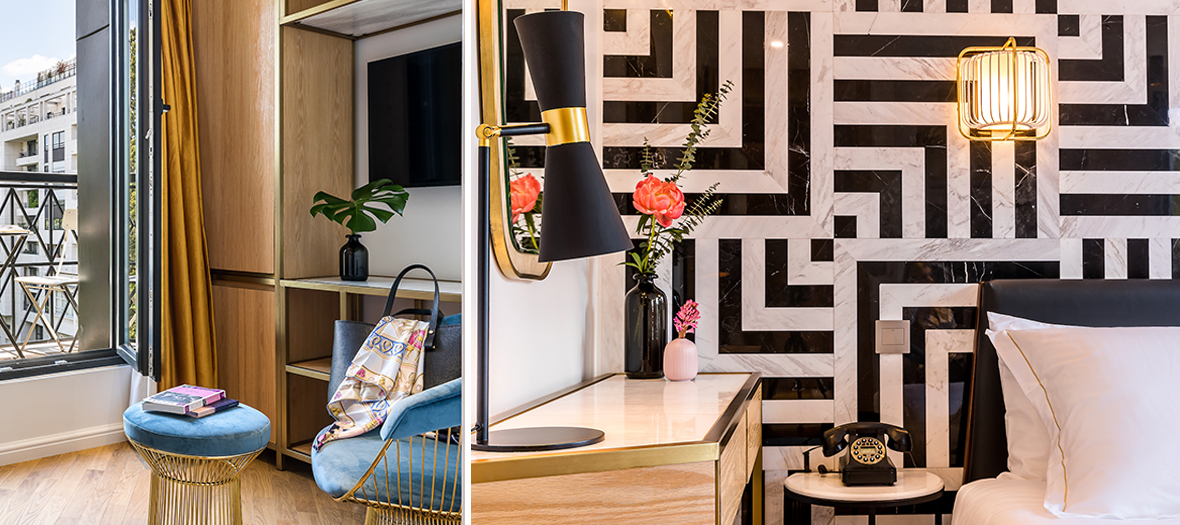 Hôtel Rose Bourbon, Paris : Une décoration moderne et graphique avec des accents dorés et un motif géométrique en marbre noir et blanc sur le mur. Un coin bureau stylé avec des touches de bleu et de laiton ajoute une touche chic.