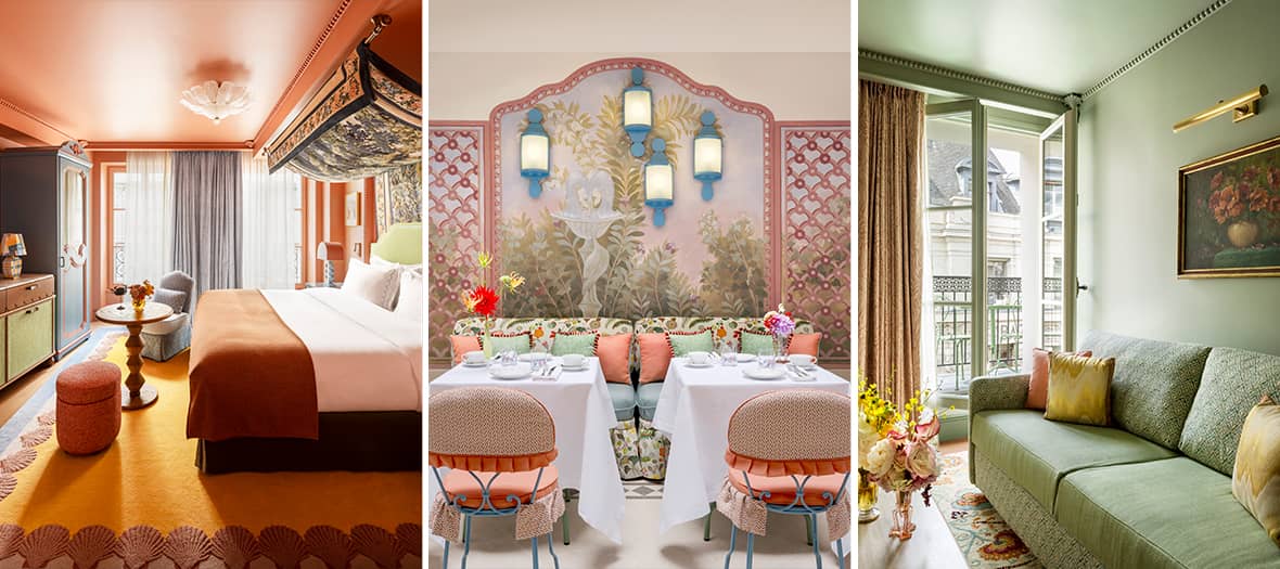 L’Hôtel La Grand Mazarin à Paris, un lieu au décor coloré et sophistiqué avec une chambre élégante, un restaurant raffiné et un salon chic.