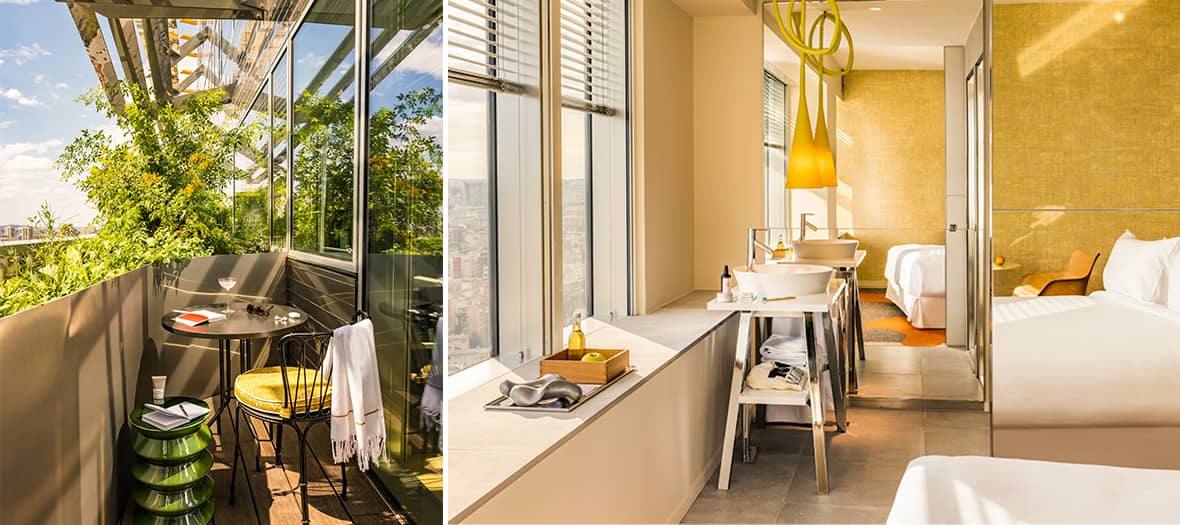 Terrasse avec vue panoramique sur Paris, mobilier moderne et décoration lumineuse. Chambre avec grande baie vitrée et design épuré.