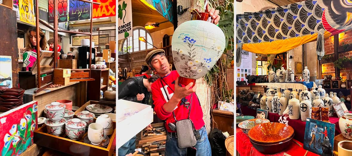 Marché vintage et brocante à la Recyclerie, avec des objets japonais anciens, céramiques et lanternes artisanales dans une ambiance rétro et animée.