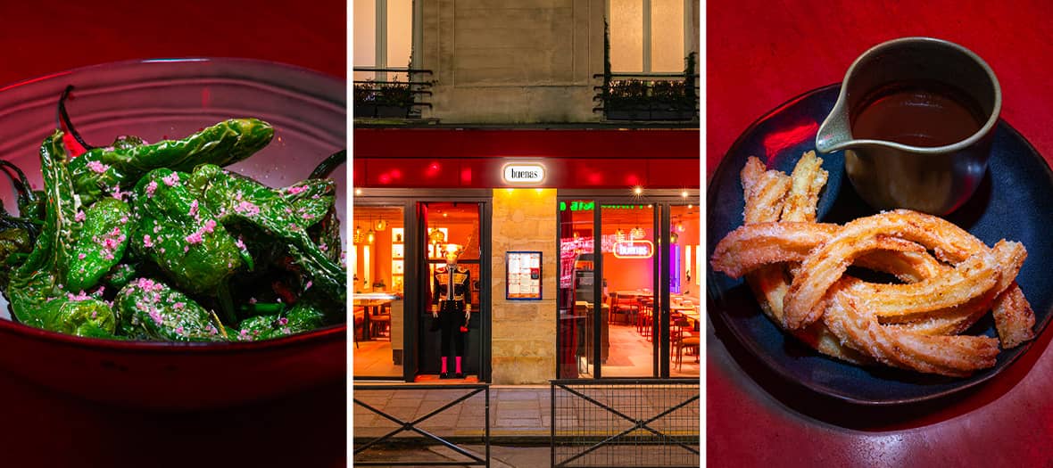 Assiette de tapas colorées, façade du restaurant Buenas à Paris et délicieux churros croustillants servis avec du chocolat chaud.