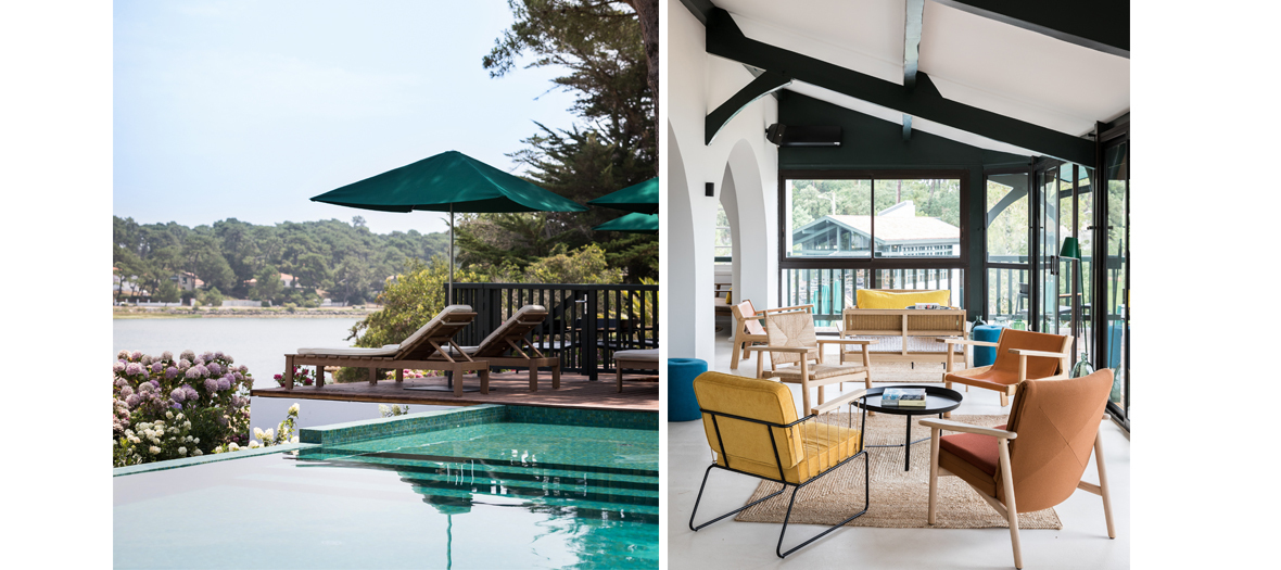 Les Hortensias du Lac à Hossegor : Un hôtel élégant en bord de lac avec une piscine turquoise entourée de transats sous des parasols verts, et un salon moderne aux tons vifs avec de grandes baies vitrées donnant sur la nature environnante.