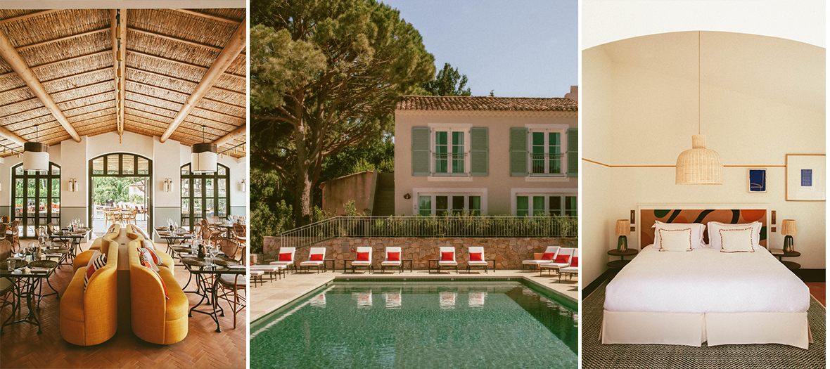 Lou Pinet Saint-Tropez : Un hôtel de charme avec une décoration aux influences méditerranéennes, une piscine bordée de transats rouges et blancs, un restaurant au toit de chaume et une chambre épurée à l’ambiance bohème chic.