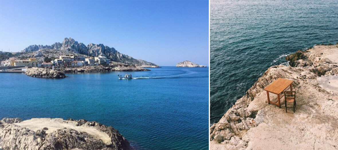 Tuba Club à Marseille : Un hôtel en bord de mer avec une vue imprenable sur les calanques, des eaux cristallines, et un coin repas minimaliste posé sur un rocher, idéal pour une expérience unique face à l’horizon.