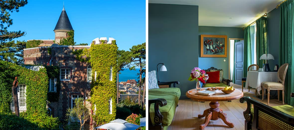 Hôtel Le Donjon à Étretat, une demeure de charme entourée de verdure avec vue panoramique sur la mer, offrant un intérieur élégant et raffiné.