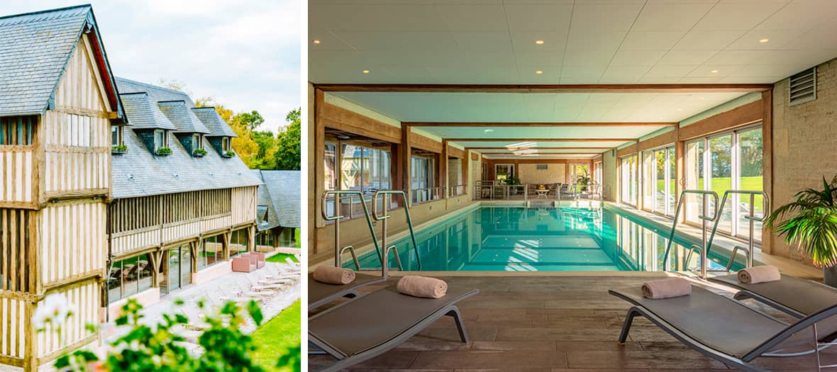 Hôtel de charme Les Manoirs de Tourgéville en Normandie, avec architecture traditionnelle à colombages et piscine intérieure luxueuse pour un séjour bien-être.