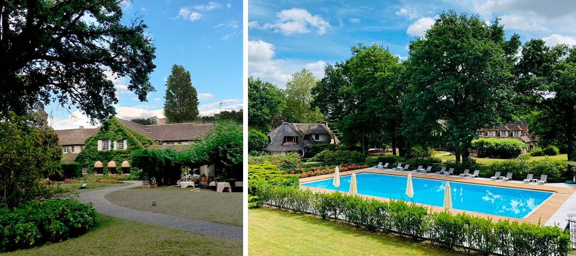 Vue extérieure de l'Auberge des Templiers, un hôtel de charme avec une piscine nichée au cœur d'un parc verdoyant près de Paris.