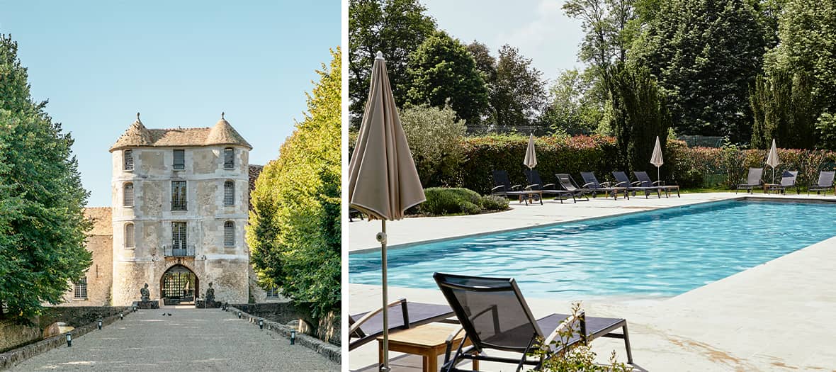 Le Château de Villiers-le-Mahieu, un hôtel spa avec piscine, entouré de nature luxuriante et d'une architecture historique élégante.